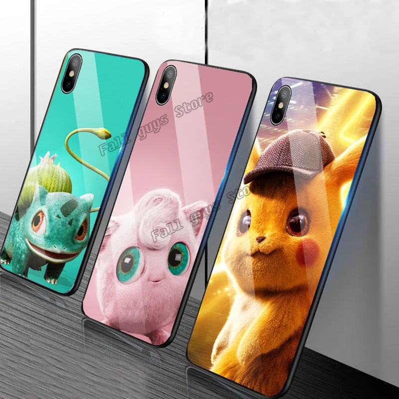Pokemon Glass Phone Case for Oppo R15X R17pro RENO R11 R9 IPhone X Xs Xr 11 6 6s Plus Pikachu Fat Ding TPU+PC Phones Cases |
