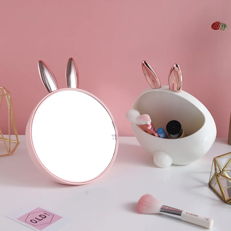 Cute Rabbit Makeup Mirror with Cosmetic Organizer Desktop Standing Vanity Mirror Dressing Table Countertop Bathroom Decoration