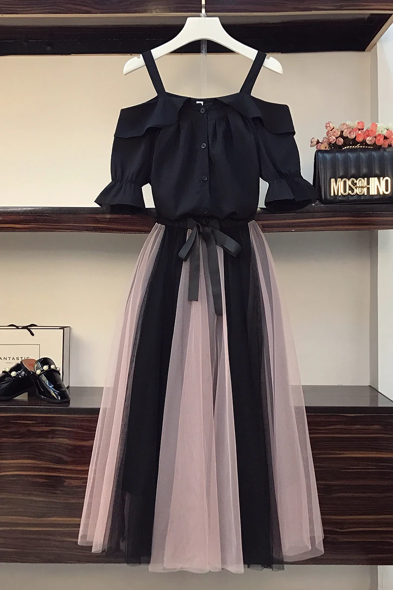 

Women Clothes Two Piece Set Summer Plus Size Fashion Strap Short Sleeve Tops and High Waist Slim Mesh A-Line Skirt Suits