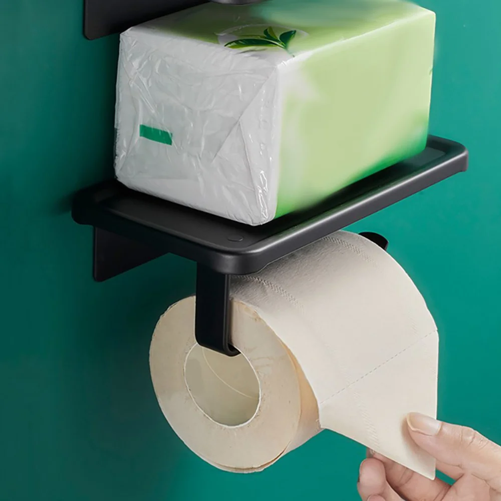 

1pc Wall-mounted Roll Paper Shelf Bathroom Nail-free Storage Shelf (Black)