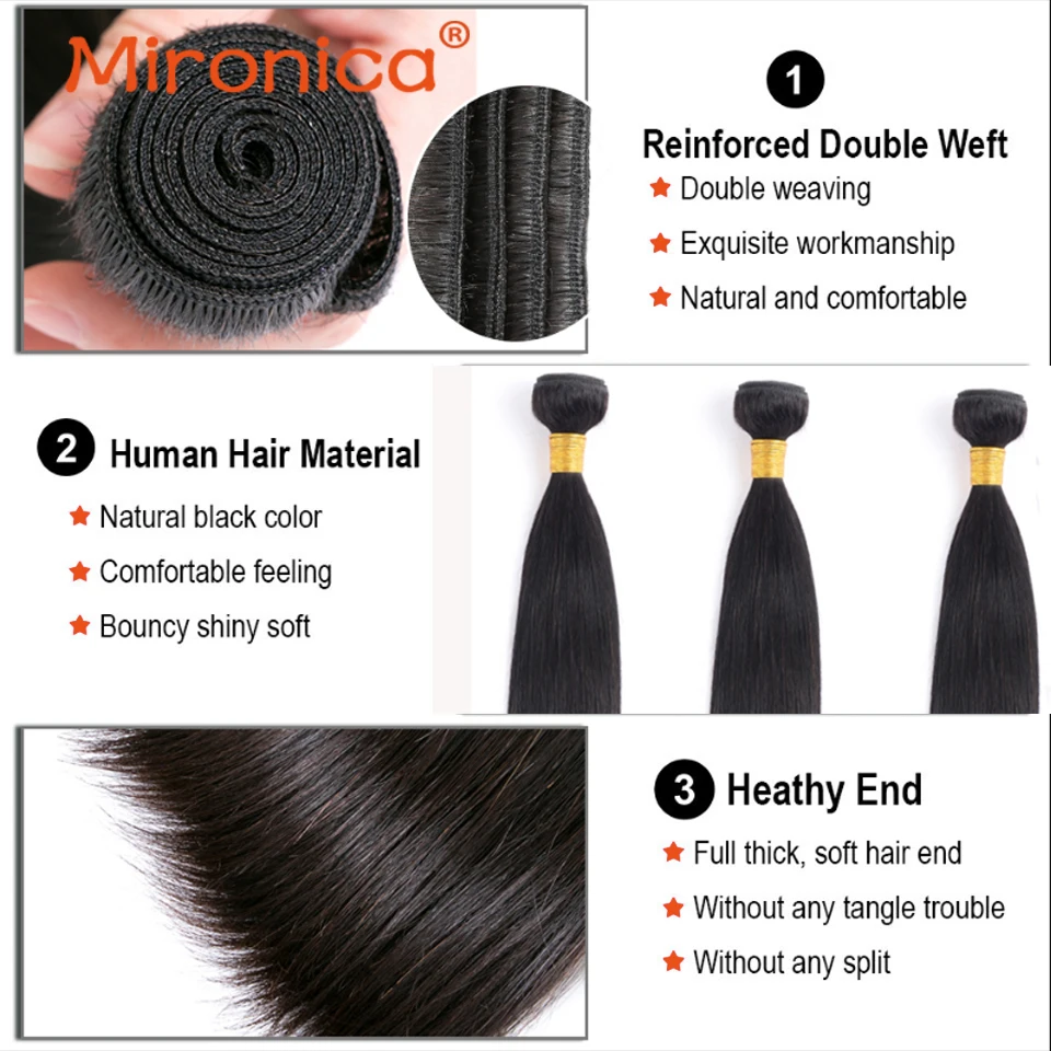 

Mironica Hair Straight Human Hair Straight Bundles With Frontal Natural Black Color 100% Remy Human Hair Bundles With Frontal