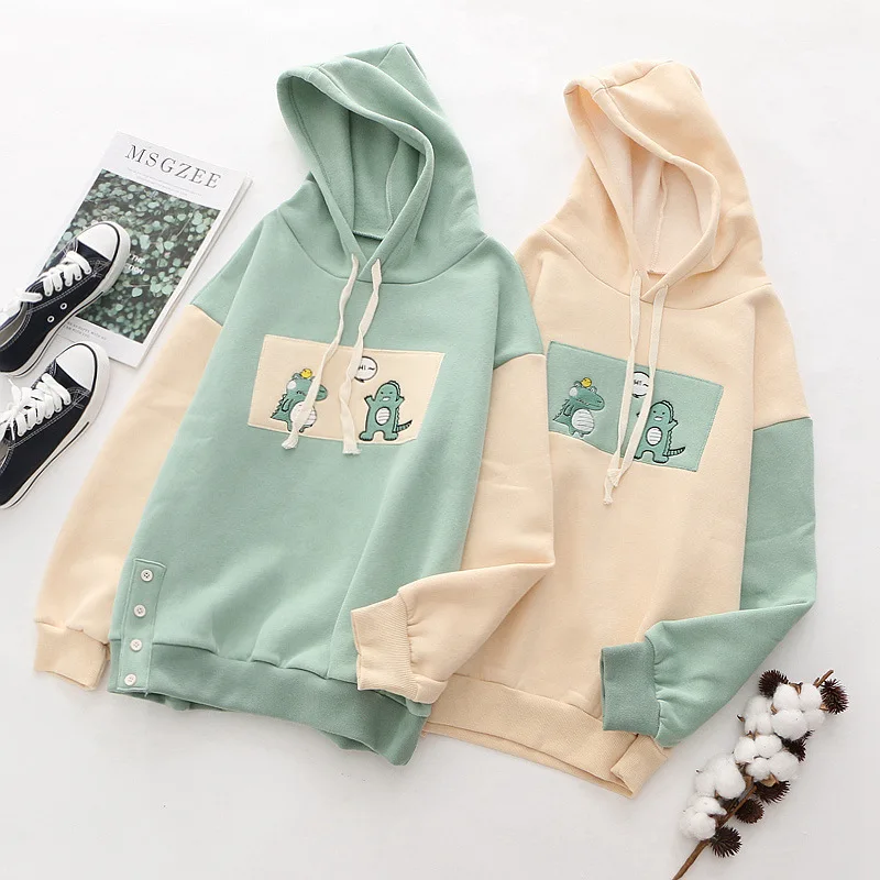 Women Cartoon Dinosaur Funny Hoodies Sweatshirts Hooded Plus Velvet Warm Pullovers 2021 Winter Femme Harajuku Tracksuits 24459