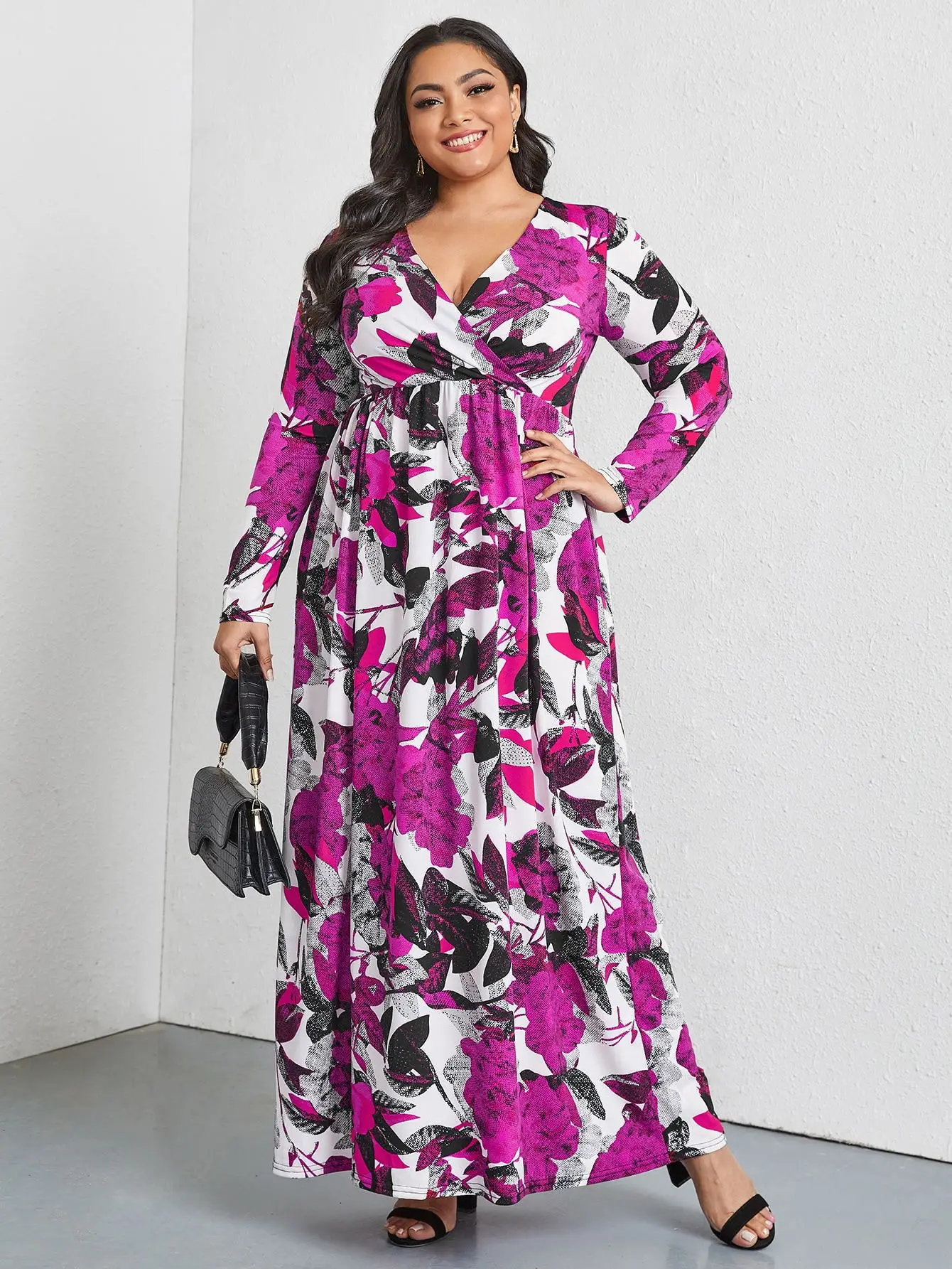 

2021 Autumn Long Sleeve Dress Women V Neck Floral Print High Waist Maxi Long Dresses Extra Big Size Plus Size Women Clothing