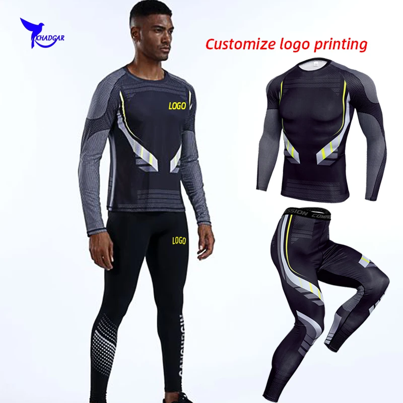 Quick Dry Elastic Men Printed Running Set Long Sleeve Shirt+Pants 2Pcs Sport Suit Gym Fitness Tracksuit Training Clothing Custom