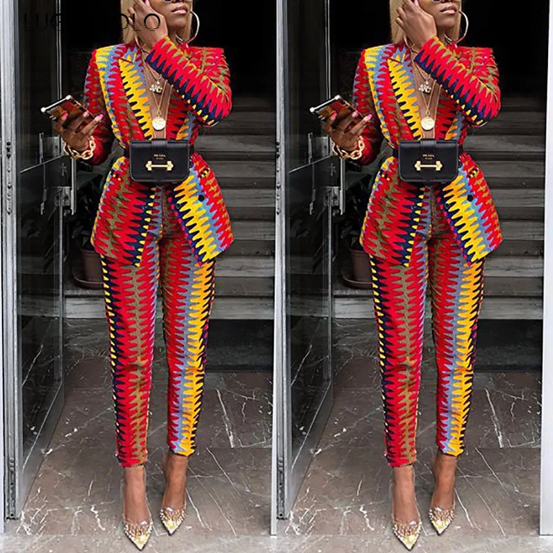 

Lugentolo Suit Two-piece Set Women Elegant Cardigan Long Sleeve Suits Notched Straight Print Long Pants Fashion Spring Sets