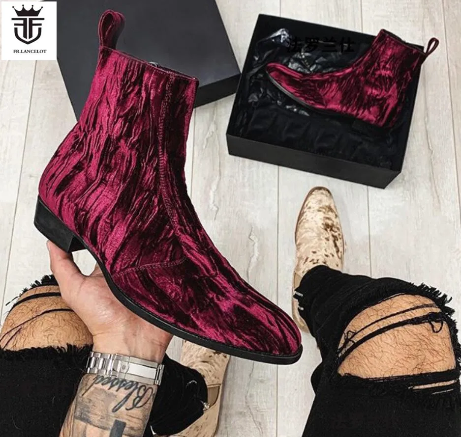 2020 new fashion men booties wine red Chelsea Boots zip up Boots point toe Men's party shoes heel 5cm velvet botas