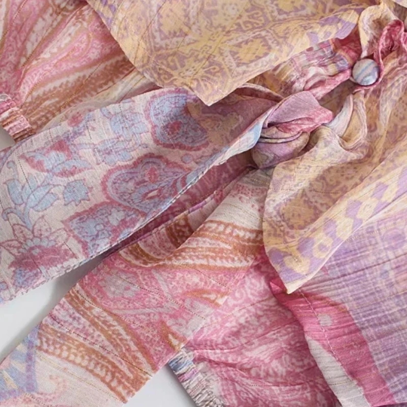 

Summer Women Paisley Print V Neck Cascading Ruffle Short Shirt Female Nine Quarter Sleeve Blouse Lady Crop Tops Blusas S8902