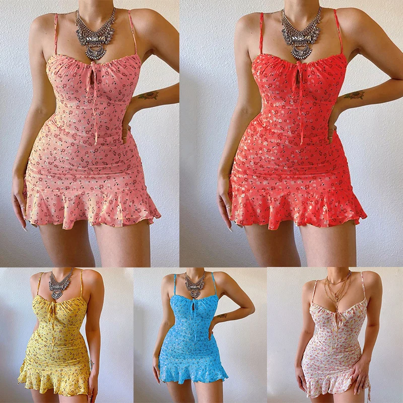

2021 New Summer Women's Floral Ruffle Strapy Slim Dresses Sexy V-neck Mini Dress Sundress Sleeveelss Lady Chiffion Beach Dress