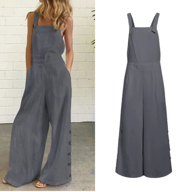 

2021 Summer New Women's Clothing Sleeveless Loose Side Pocket Button Wide Leg Jumpsuit Fashion Romper Overalls For Women Pants