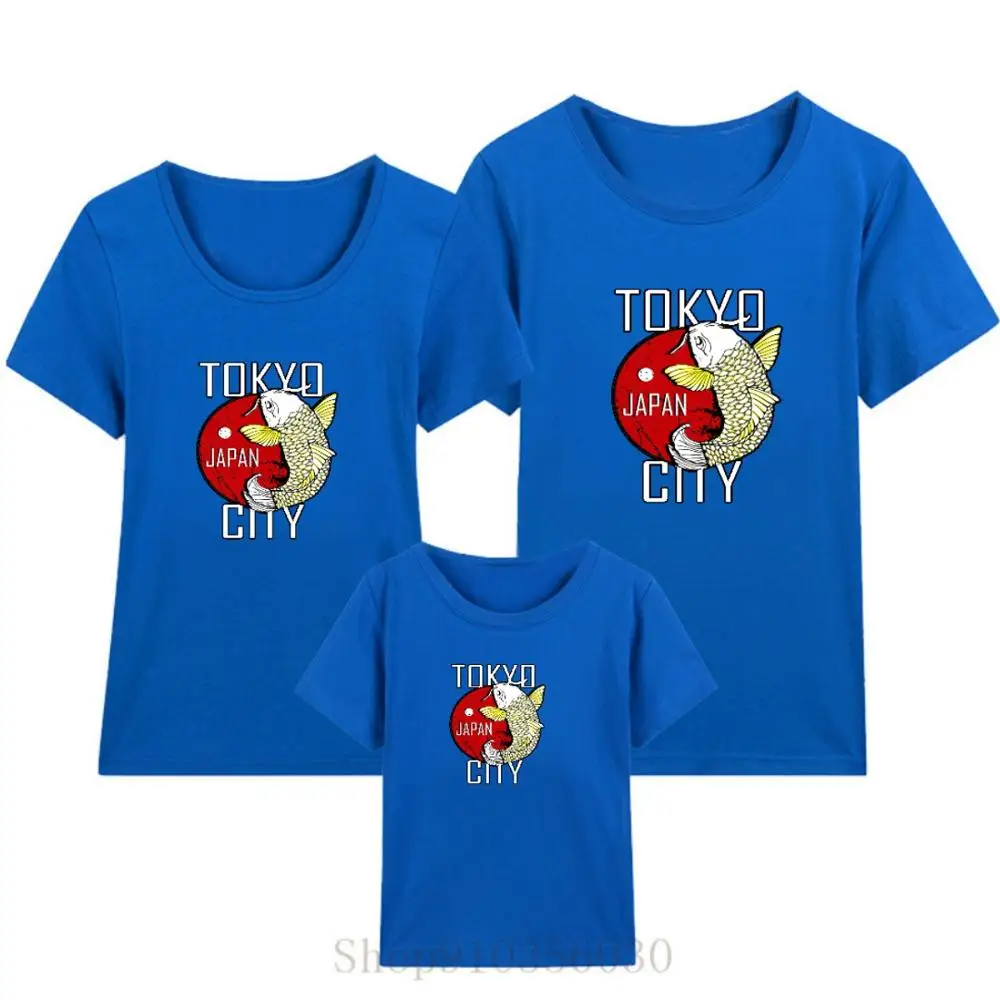 Japan Tokyo city Koi Fish illutration design white mother daughter boys summer clothes matching outfits dress | Мать и ребенок