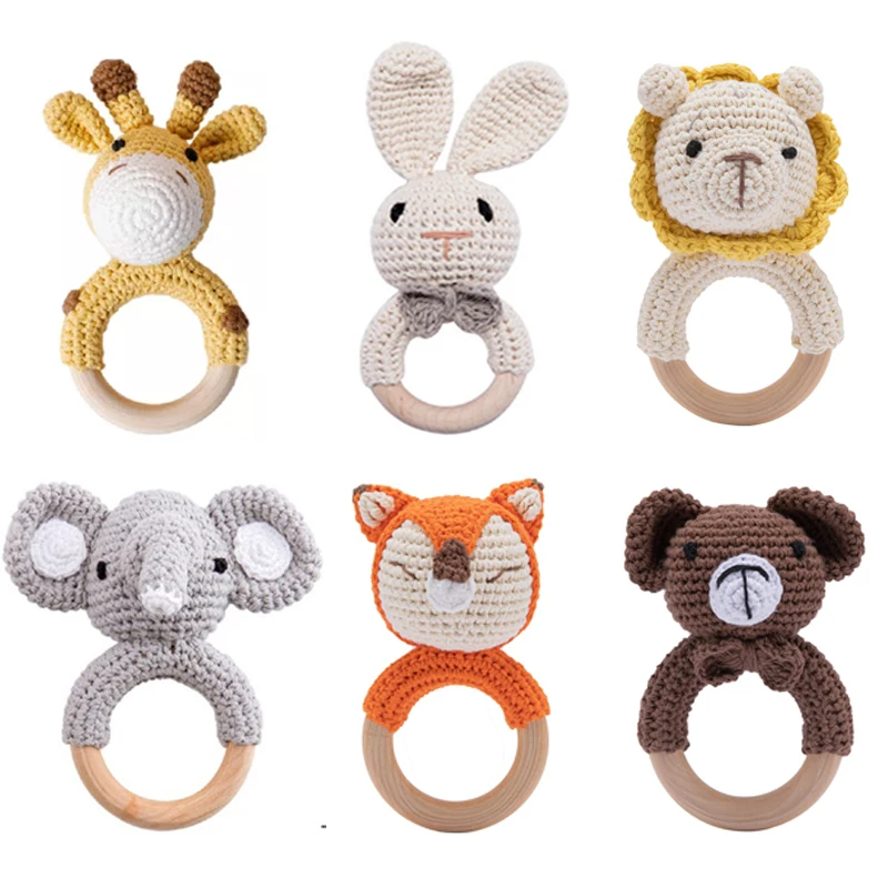 

1pc Baby Crochet Animal Rattle Safe Beech Wooden Teether Ring Rabbit Lion Fox Bear Toy Newborn Gift Mobile Gym Educational Toy