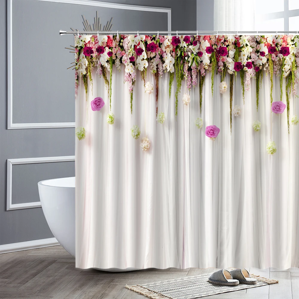 floral shower curtain set purple lavender pink rose simple flowes bathroom decor polyester curtains photography background cloth free global shipping