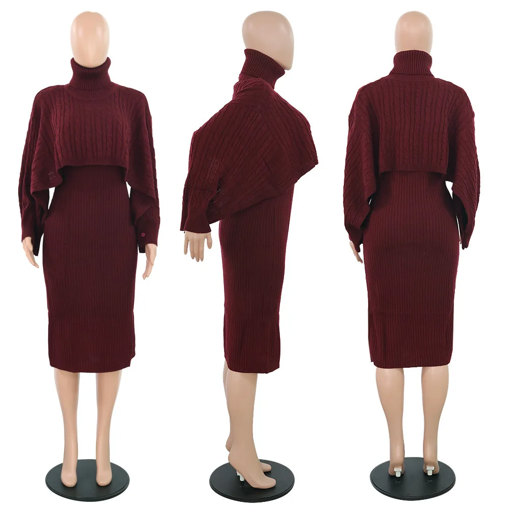 Autumn Winter Knitted Sweater Two Piece Set Turtleneck Long Sleeve Loose Crop Top+ Bandage Midi Tank Dress Plus Size Tracksuit