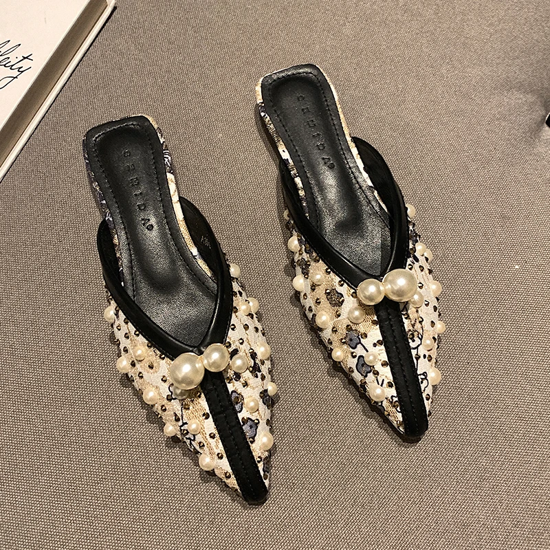 

Pearl Embellished Mules Shoes Women Flats Slippers Pointed Toe Spring Summer Silk Slides Slip On Loafer Open Back Dress Footwear