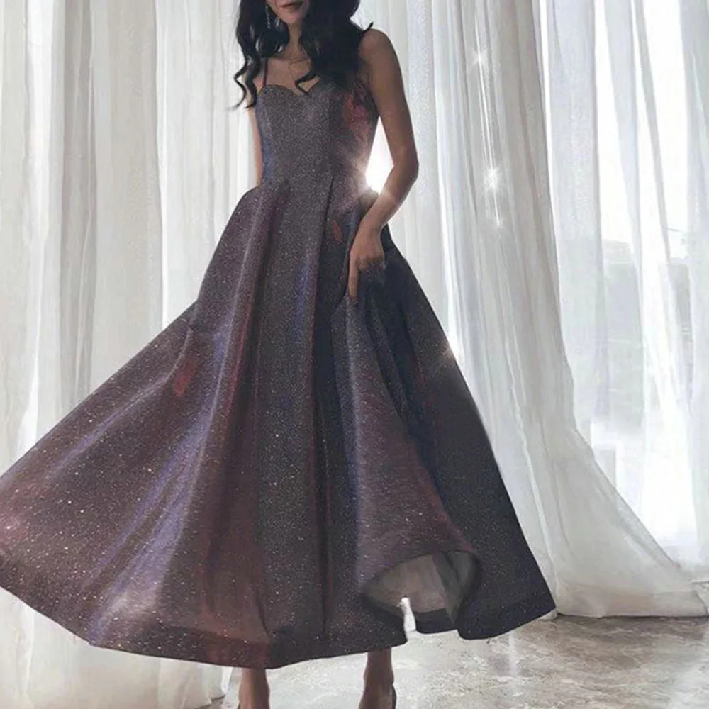 Purple Sequins Pleated Mid-Long Dress Women Elegant Spaghetti Strap Quinceanera Prom Party Dresses Sexy Sparkly A-Line Maxi Robe | Свадьбы и