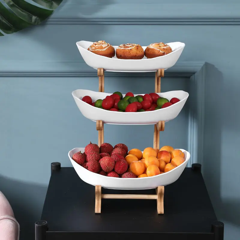 

2/3 Tiers Plastic Fruit Plates with Wood Holder Oval Serving Bowls for Party Food Server Display Stand Fruit Candy Shelves