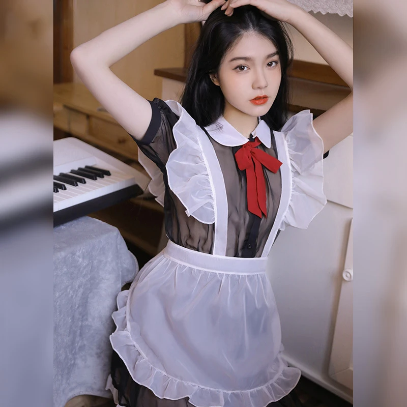 

2021 New Japanese Women's Erotic Lingerie Sexy Maid Cosplay Costume Bandage Apron Mesh See-through Nightdress Lolita Uniform