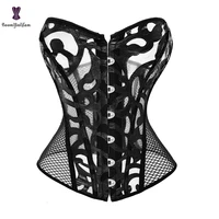black womens breathable shapwear costumes sexy transparent mesh corselet hollow out corset bustier top with g string 930