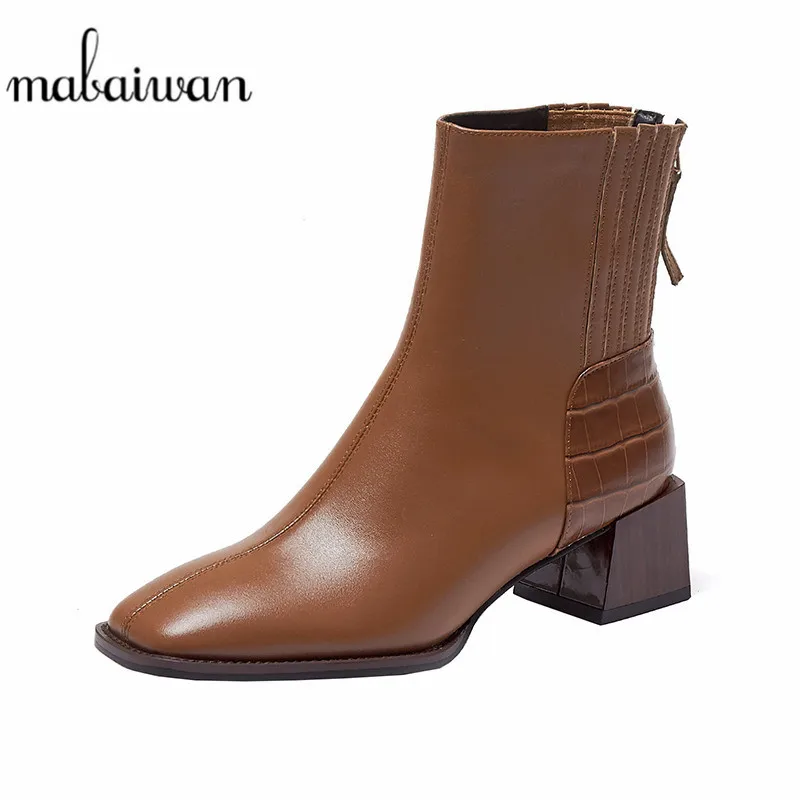 

Модные коричневые ботильоны из натуральной кожи, свадебная обувь на молнии с квадратным носком для женщин, женские зимние короткие ботинки ...