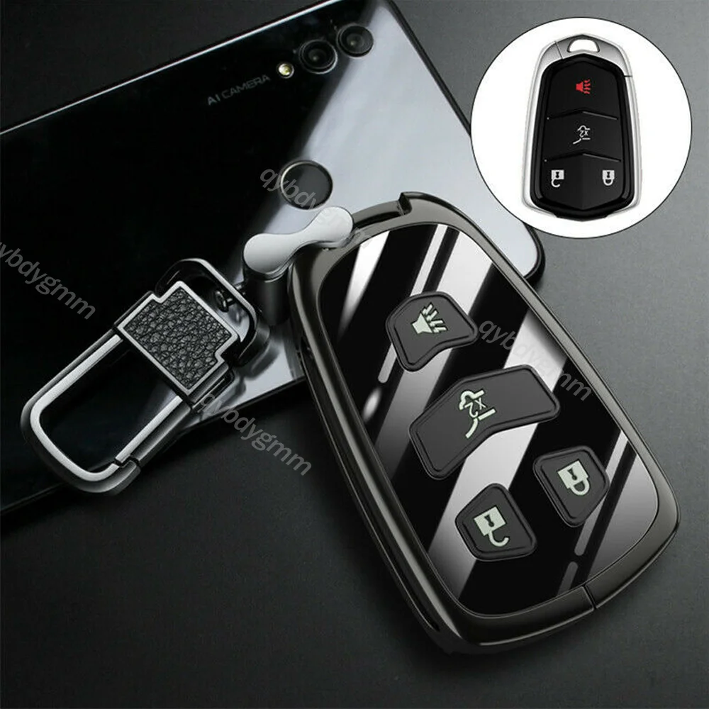 Metal Glass Silicone Remote Start Car Key Case Cover Fob Protector Holder Shell Auto Accessories For Cadillac Escalade ESV ATS