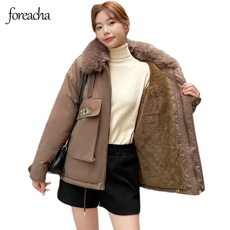 

foreach 2021 New plus velvet thick women winter parka Korean version of fur collar zipper Snow coat short Plus size jacket women