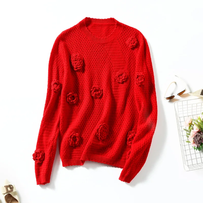 

Women's Clothing Winter 2022 New Long Sleeve Round Neck Flower Decoration Fashion Knitted Wool Sweaters European and American
