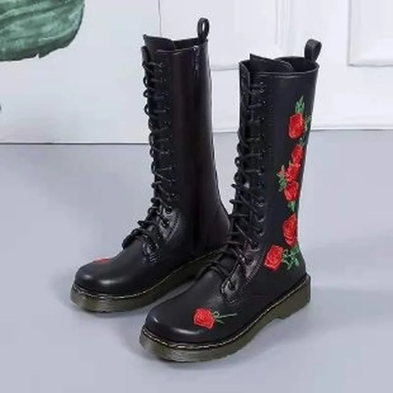 Autumn Women's Boots Embroidered Rose Lace Up Boots Round Toe Zipper Boots Outdoor Non-slip Casual Shoes Mid-tube Boots