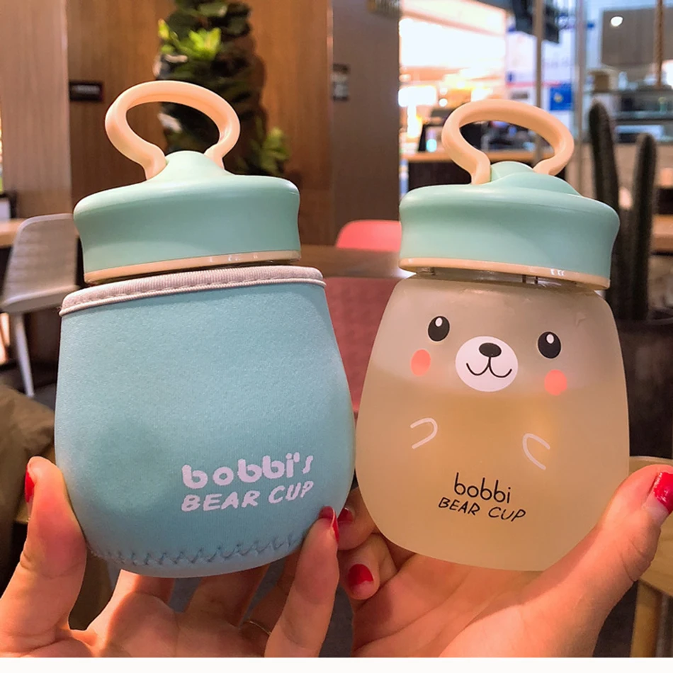 Kawaii стеклянная бутылка для воды, портативная чашка с милым медведем, чайное ситечко, герметичная Питьевая Бутылка для девочек, студентов, детей