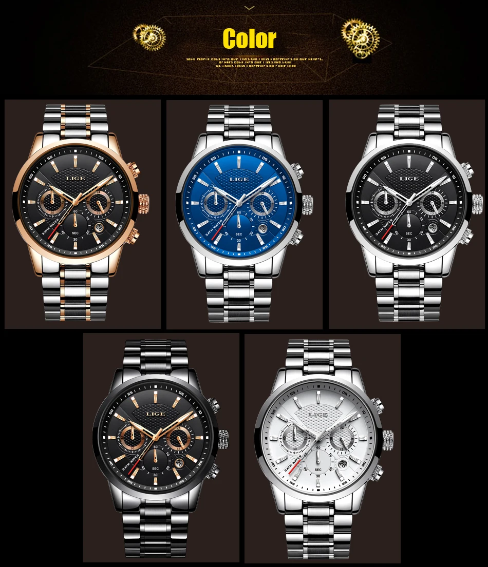 Reloj hombre модные золотые мужские часы lige top класса люкс Бизнес Нержавеющая сталь Водонепроницаемый кварцевые часы Для мужчин, спортивные часы