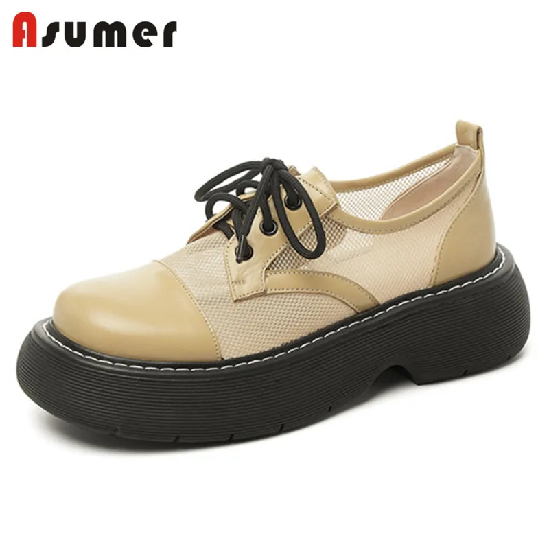 

Asumer 2021 Thick Bottom Genuine Leather Footwear Ladies Casual Shoes Top Quality Mesh Breathable Flat Platform Shoes Woman
