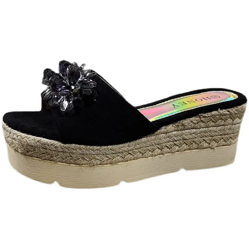 

Flock Low String Bead High-Heeled Shoes Lady Glitter Slides Slippers Flat On A Wedge Shallow Platform Jelly Summer PU Rubber Bas