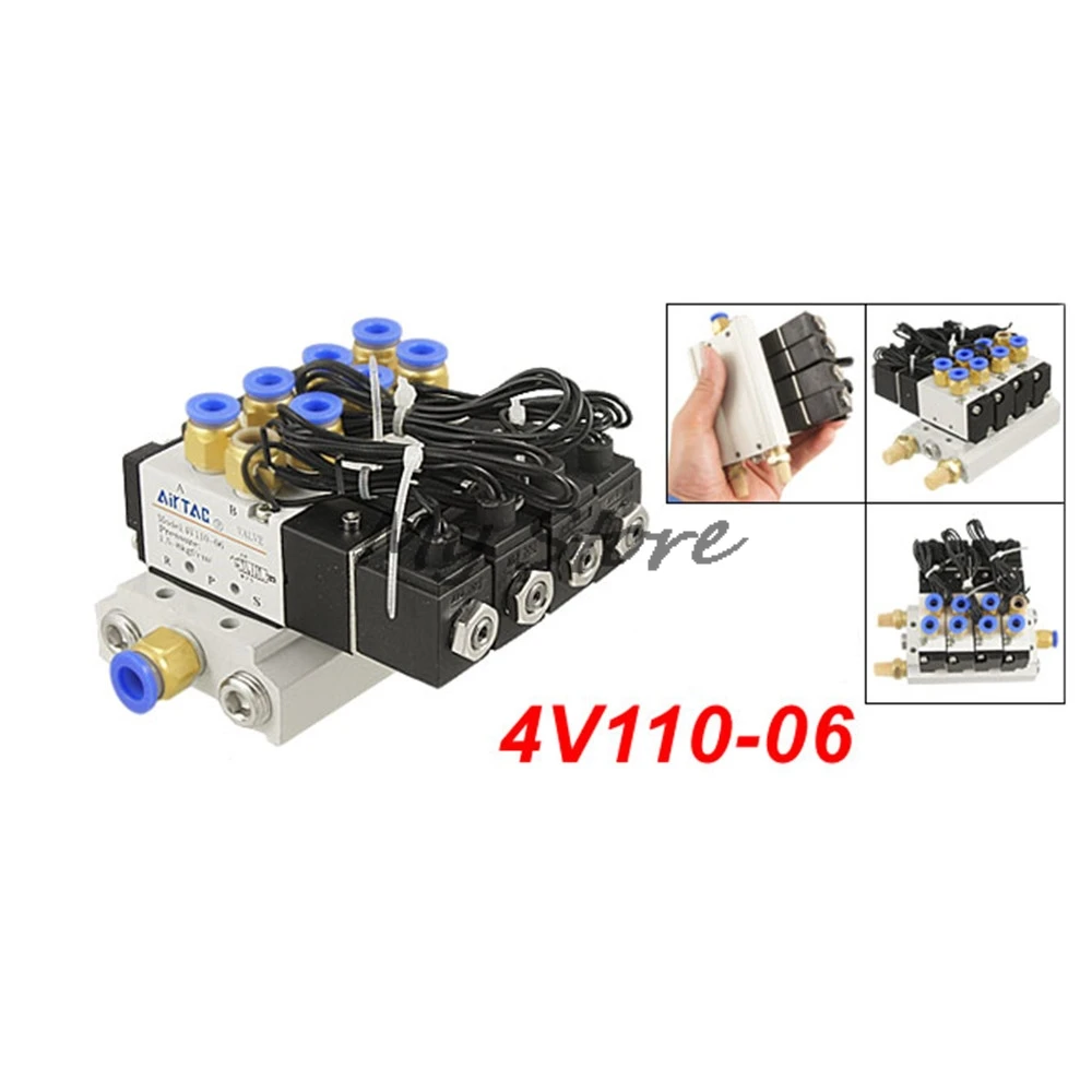 

DC12 DC24 AC110 AC220 2 Positions Triple Solenoid Valve Mufflers 6mm Quick Fittings Base Set 4V110-06