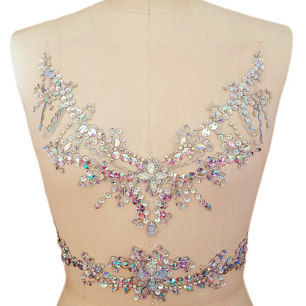 

HANDMADE 29x38cm Neckline Waist belt Wedding Decoration Sequin Crystal Beaded Sew on Dress Appliques Patch for clothes diy