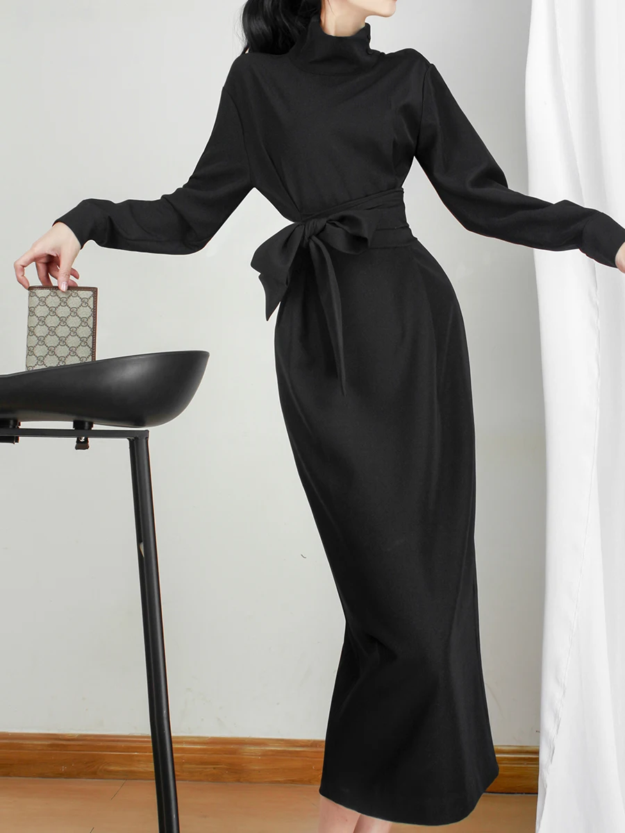 Платье-Карандаш женское с завышенной талией длинным рукавом и поясом на молнии |