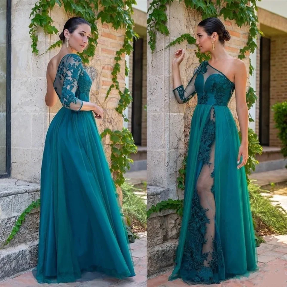 Vestidos de Noche de un hombro para mujer, vestido de fiesta Formal de Dubái de tul con abertura frontal, manga 3/4, color verde esmeralda, hecho a medida