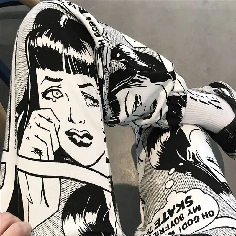 

Female Cartoon Print Drawstring Pants Elastic Waist Hip Hop Long Pants Women Harajuku High Waist New Fashion Casual Trousers T