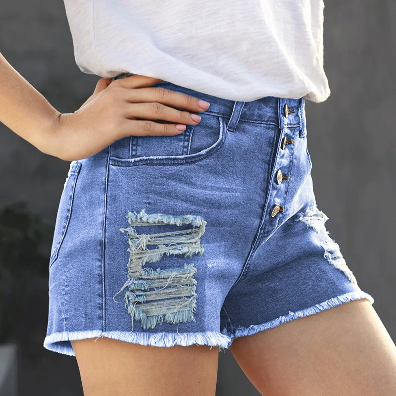 

Sexy Blue Cat Whisker Tassel High Waist Denim Shorts Hole Streetwear Black Pocket Button Women Mini Jeans Fashion Summer 2021