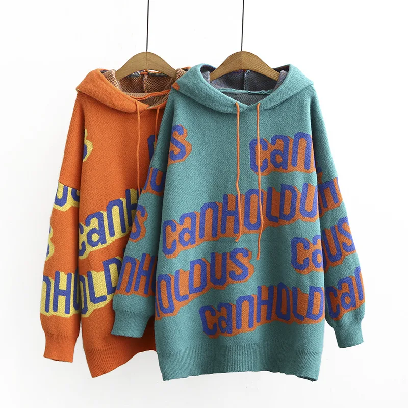 

Autumn Woman Sweaters Plus Size Loose Hooded Color Letter Knitting Thick Female Pullovers 4XL