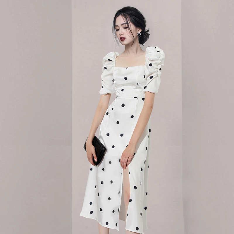 

Summer Elegant Women's Polka Dot Dress Puff Sleeve Square Neck Vintage Dress 2021 Korean Clothes Female Vestidos