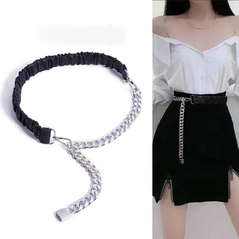

Fashion Women Punk Elastic Belt Thick Chain PU Splicing Lock Buckle Matching Dress Coat Suit Designer Brand Decorative Strap