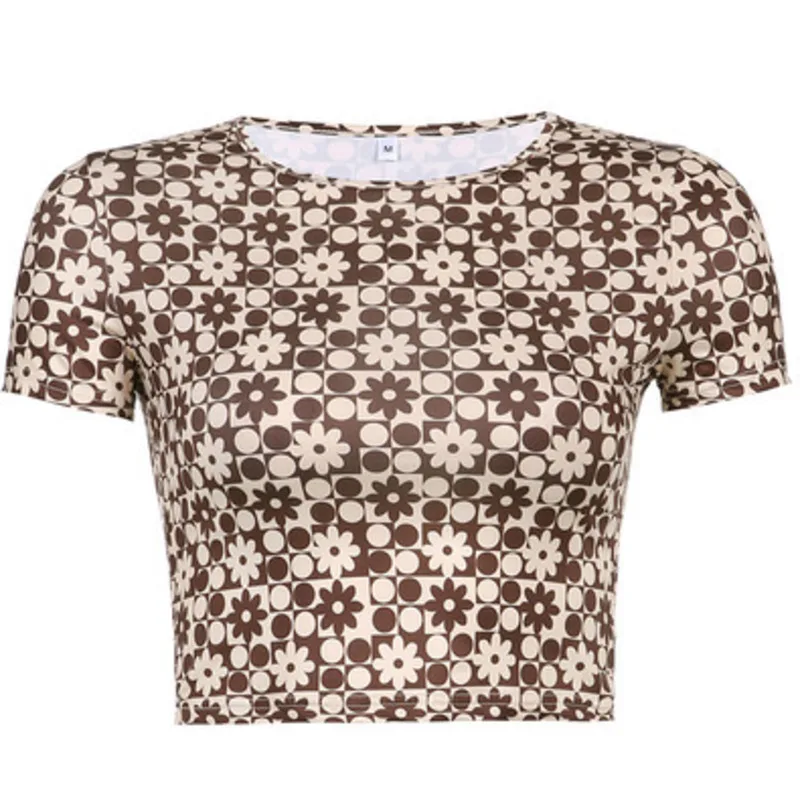 

YICIYA Print Brown Crop Top Y2K Tee Shirt Femme Vintage Casual Shorts Sleeve Basic Fashion Sexy Female T-shirt 2021 Ropa Mujer