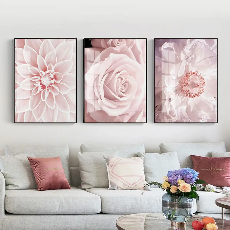 

Nordic Pink Flowers Canvas Decorative Painting Plant Flowers Frameless Living Room Bedroom Background Wall Painting Core Poster
