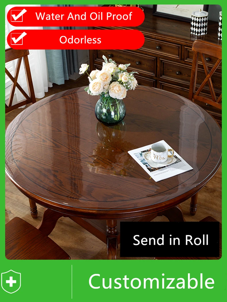 

Hot Sale PVC Round Table Cloth 1.0mm/1.5mm/2.0mm Thicken And Odorless Customizable Dining Table Mat Send in Roll Home Decoration