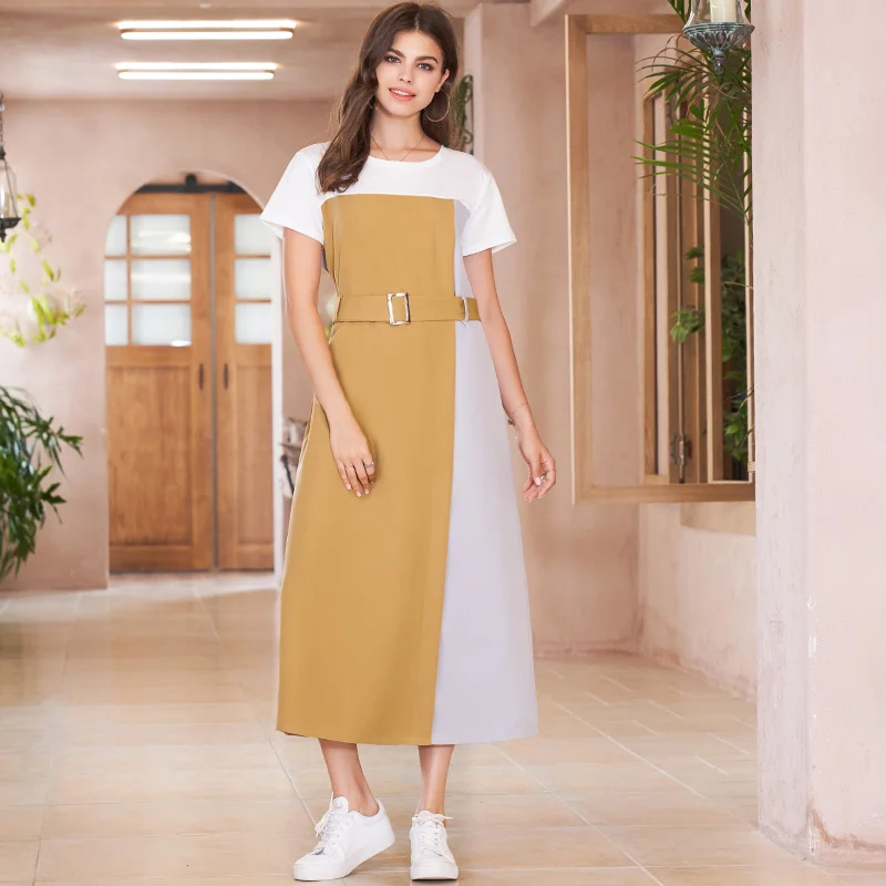 

Summer New Style Women's Fashion Western Style Stitching Irregular Waist Short-sleeved Fake Two-piece Mid-length Dress
