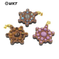 WT-P1716 WKT New Hexagon gold handmade wood stone Healing pendant European natural stone Labradorite stone jewelry