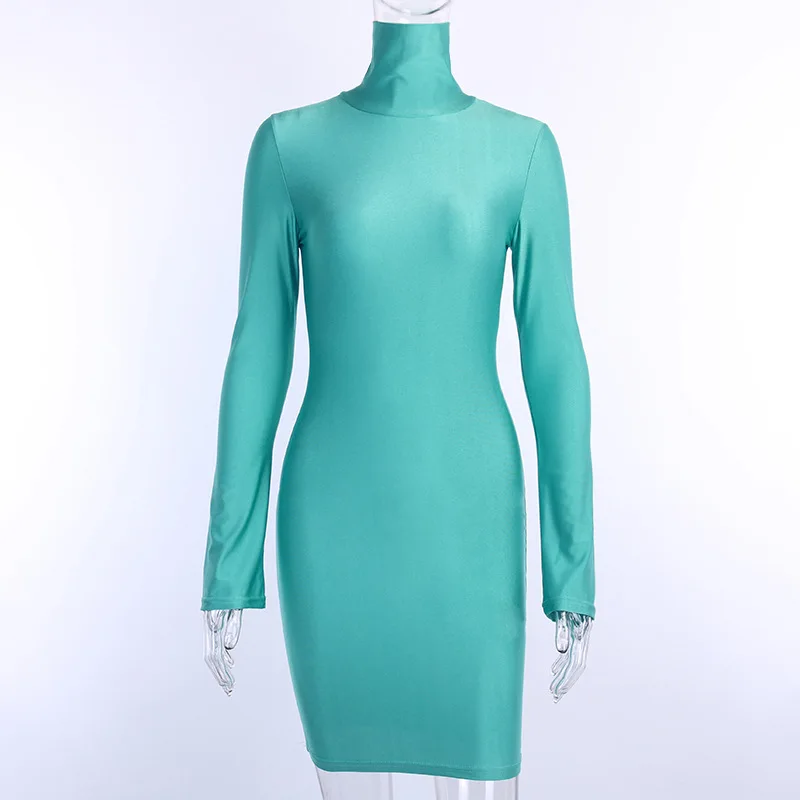 

Women Long Sleeve Sexy Fashion High Neck Slim Dress High Neck Solid Color Slim Autumn Solid Color Mini Dress Neon Tight Dress