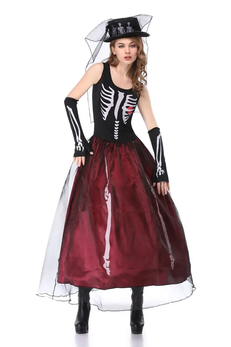 

Vampire Skeleton Ghost Bride Witch Queen Costume Halloween Cosplay Long Skirt Performance Clothing