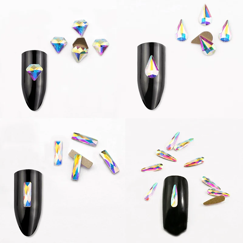 

100pcs/pack Wholesale Nail Art Rhinestones Flat Crystal AB Shaped Teardrop Rectangle Glass Stons For 3D Nails Decoration Gel DIY