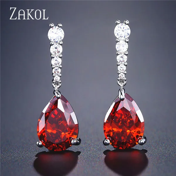 Red ZAKOL Модные женские длинные висячие серьги с цирконием и кристаллами в виде капли воды, серьги с белым камнем, Boho Свадебные ювелирные изделия FSEP2133 - Окраска металла: Red