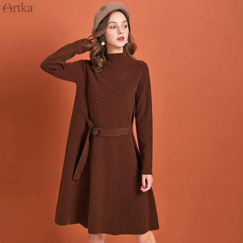 ARTKA Осень Зима Новое Женское платье Элегантное однотонное вязаное платье с высоким воротником платье с длинным рукавом LB10191D